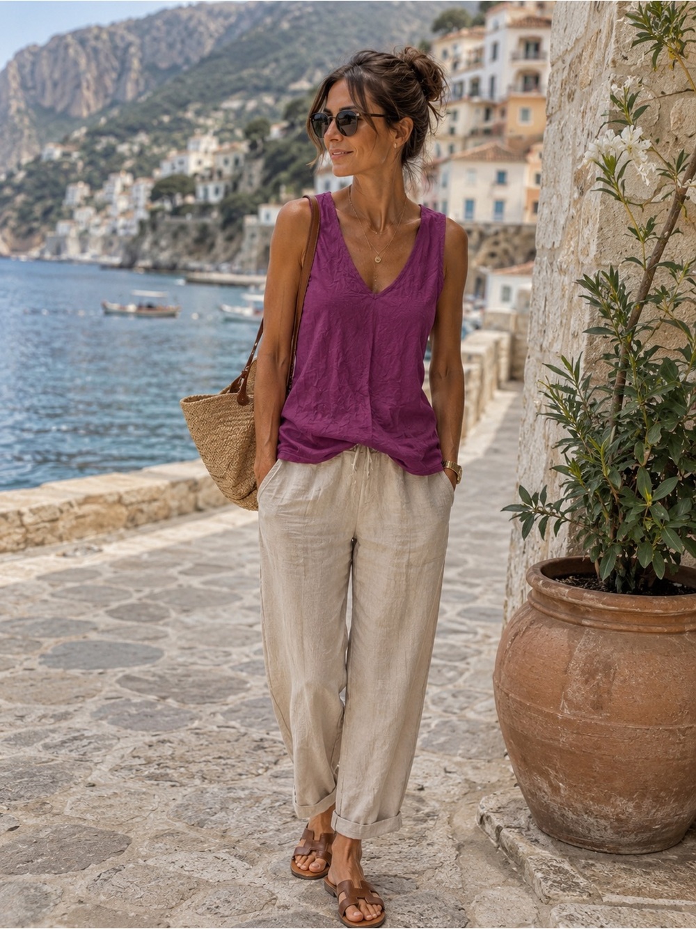 FLAX 100% Linen Women’s Sleeveless V-Neck Tank Purple Top Sz M